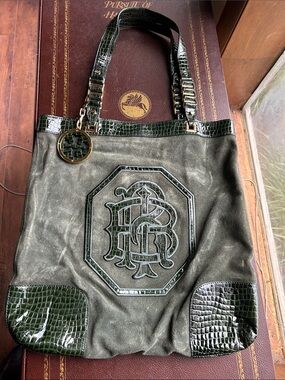 RARE Tory Burch Dark Green Suede Tote with Croc-Trim and Monogram Charm